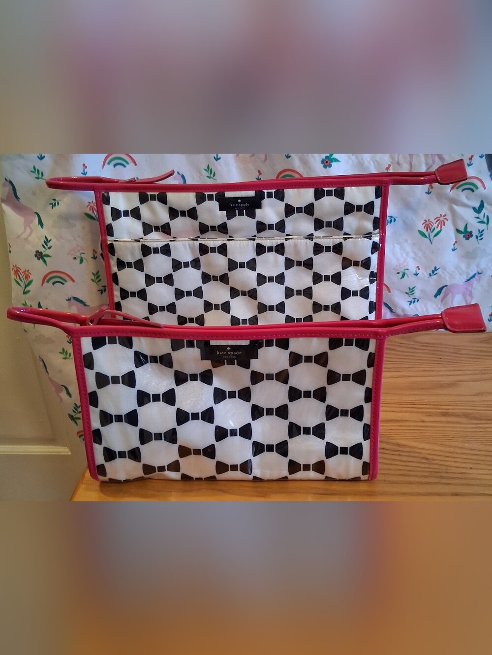 NWOT Kate Spade Heddy Bow Tie Print Cosmetic Makeup Beauty Travel Pouch Bag Set